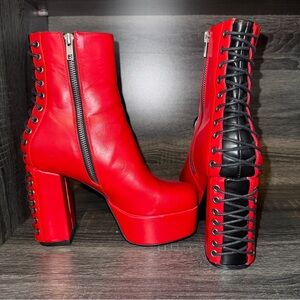 Lamoda Red Platform Ankle Boots With Black Lace Up Detail and Silver Zipper